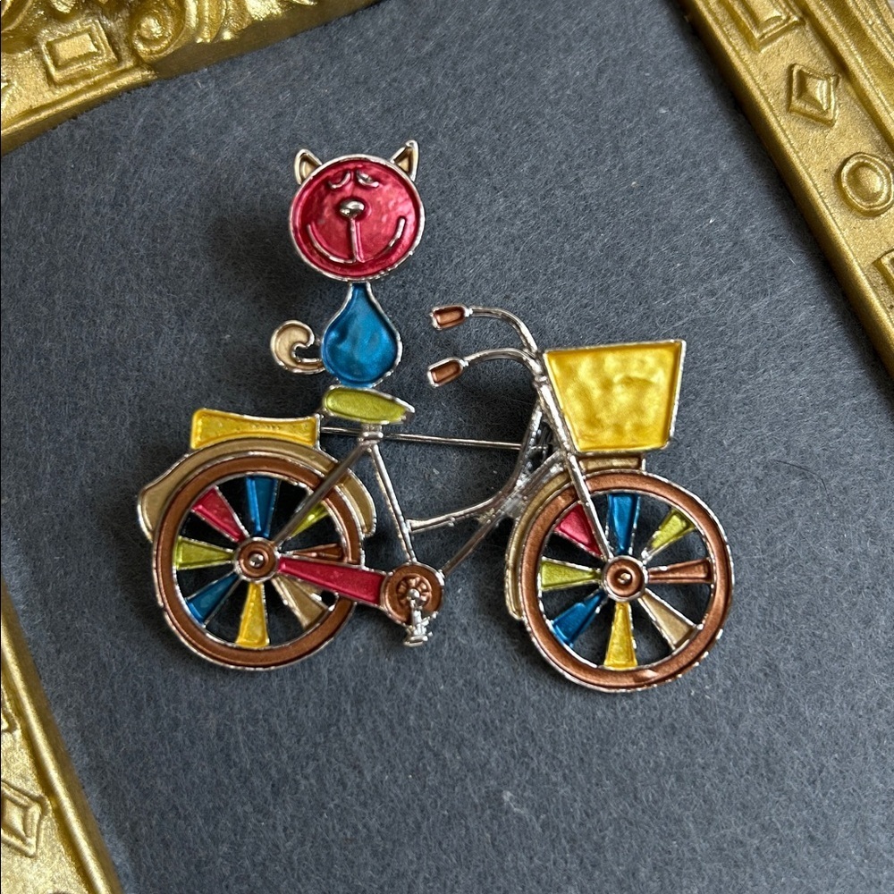 Colorful Cool Cat on a Bike Brooch